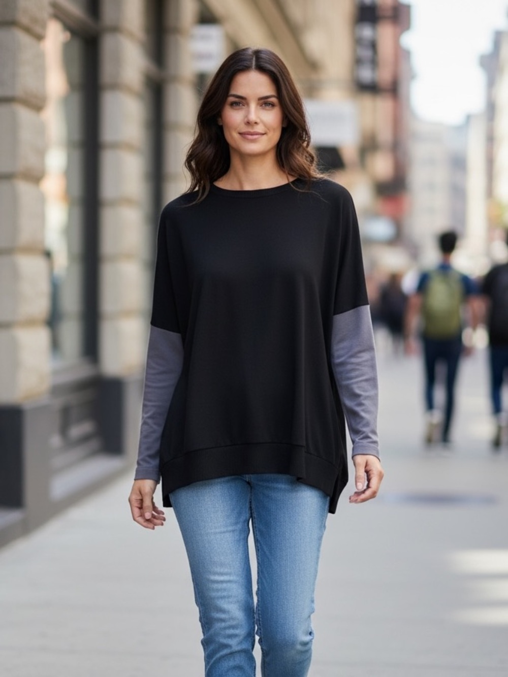 Planet Crewneck Colorblock Sweater in Black with Gray Sleeves
